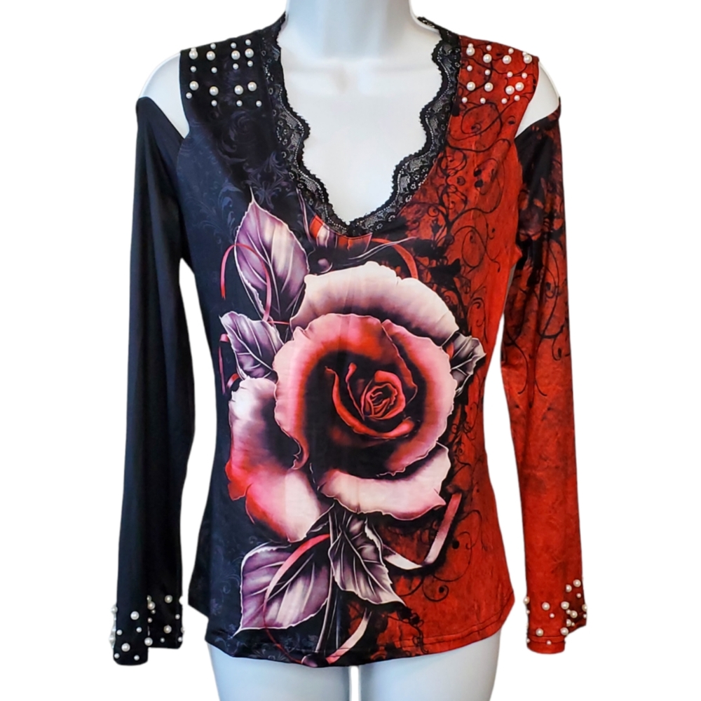 Cold Shoulder Red Rose Blouse